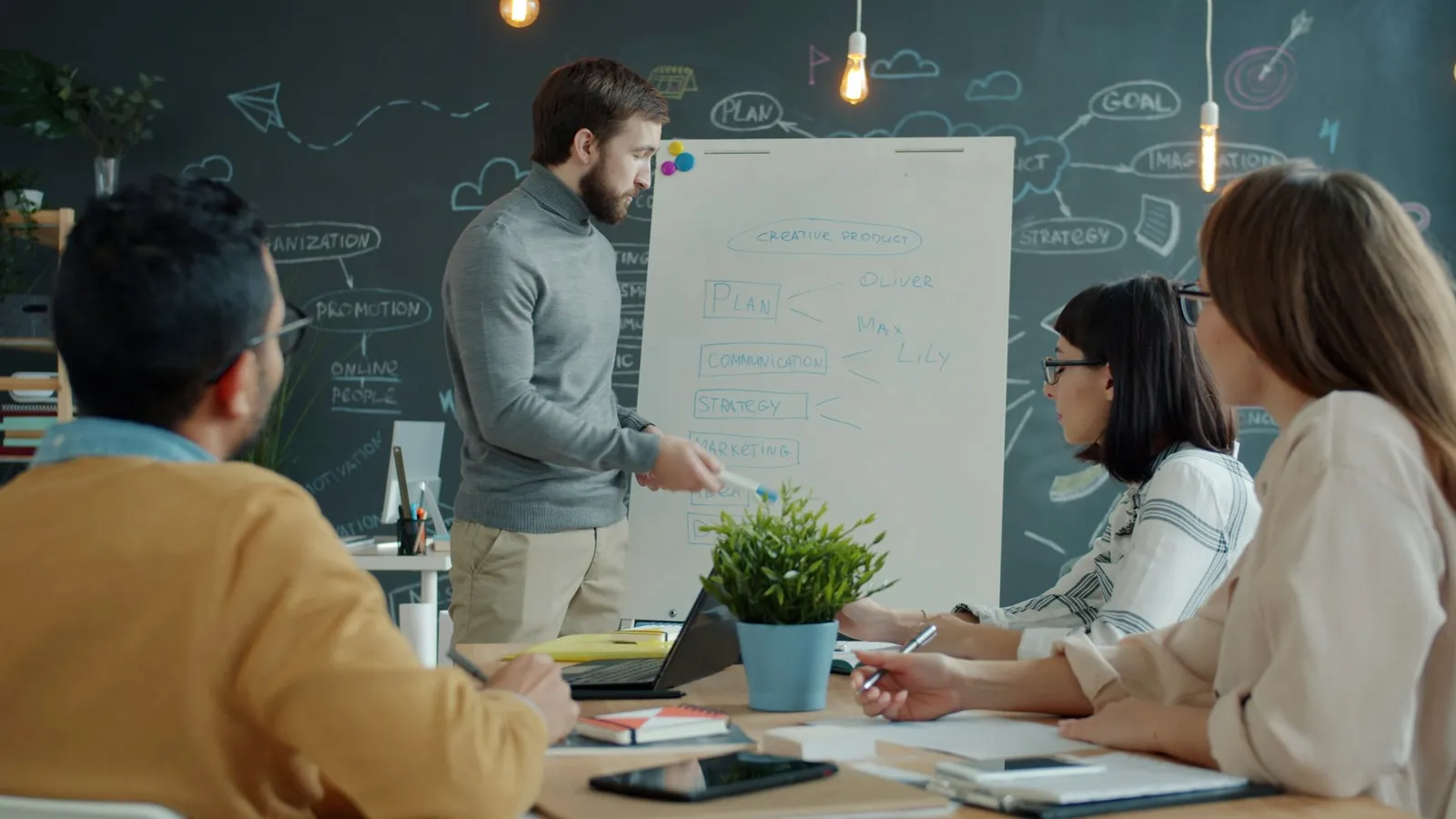 An agency team planning at a whiteboard